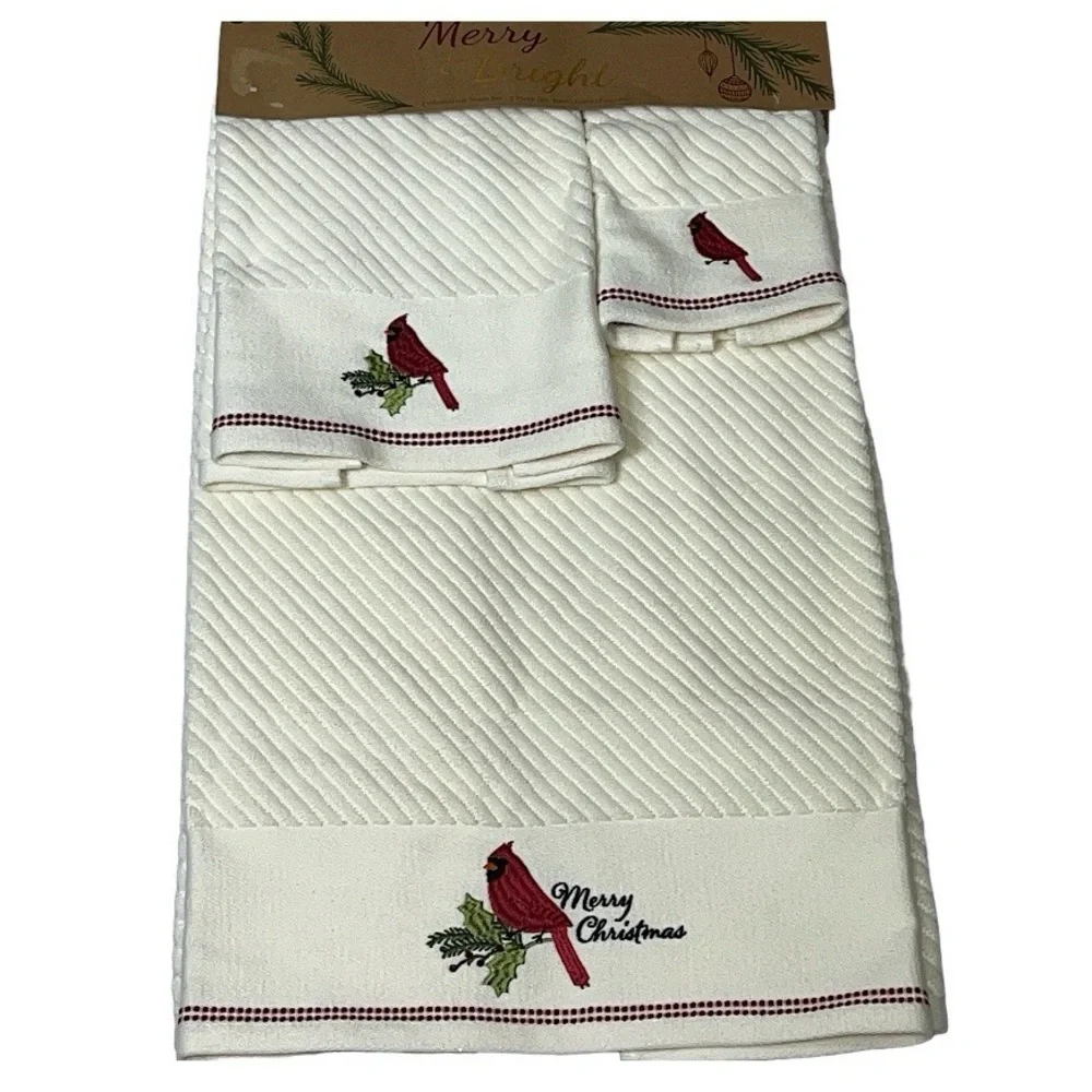 Merry & Bright Cardinal Bird Rhinestone Christmas Holly Berry Holiday Towel Set